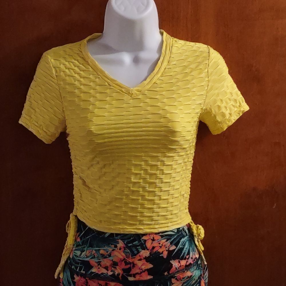 Love University Women's Size S bright yellow stretch waffle pattern crop top